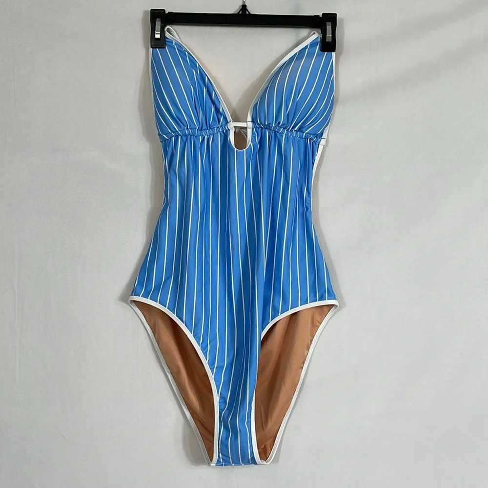 J CREW ONE PIECE KEYHOLE STRIPE HALTER SWIMSUIT NWT Size 16 - Picture 5 of 13